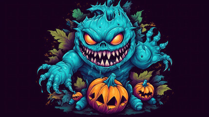 Fototapeta premium Illustration of a monster in shades of vivid cyan. Halloween.