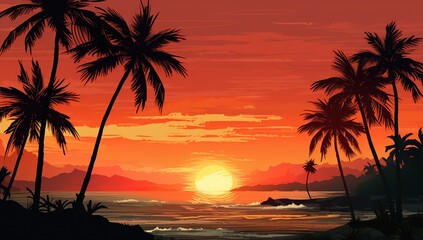 Digital art depicting a neon tropical island. Tropical summer palm trees, sunset at beach