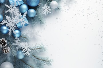Blue Christmas tree branches with decorated baubles and gift.