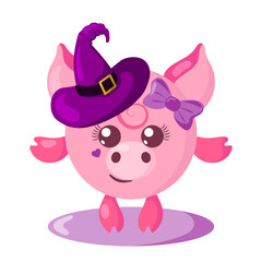 Obraz na płótnie Canvas Funny cute kawaii Halloween pig with witch hat in flat design with shadows. Isolated animal vector illustration 