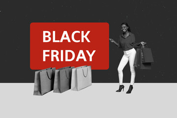 Creative brochure invitation black friday collage of young classy chic fashionista buying clothes isolated on monochrome background