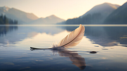 white feather on the surface of the water against the background of the mountains - obrazy, fototapety, plakaty