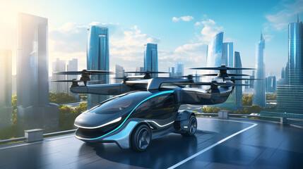 Futuristic EVTOL aircraft concept allowing for electric vertical takeoff and landing.