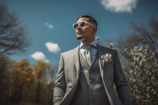 Solo groom posing posture. Marriage photo session with stylish groom. Generate ai