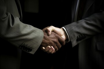 Two businessman engaging greeting gesture. Corporative partnership agreement business handshake. Generate ai