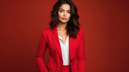 Brunette woman in red fashionable clothes on a red background. Women's beauty and fashion.