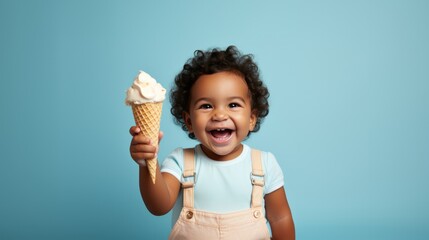 Baby Holding Big Ice Cream Cone On Blue Background. Сoncept Ice Cream Baby, Blue Background, Big Cone, Sweet Treat, Adorable Pose
