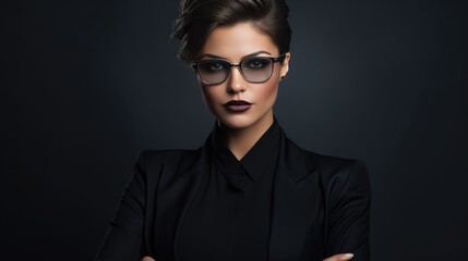 Obraz premium Brunette woman in black fashionable clothes on a black background. Women's beauty and fashion.
