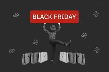 Collage minimal picture of excited funky lady guy rising black friday announcement isolated grey color background