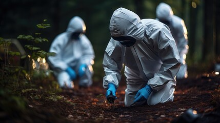 Crime Scene Being Investigated By Law Enforcement And Forensic Experts. Сoncept Crime Scene Investigation, Law Enforcement, Forensic Experts, Evidence Collection, Suspect Analysis - obrazy, fototapety, plakaty