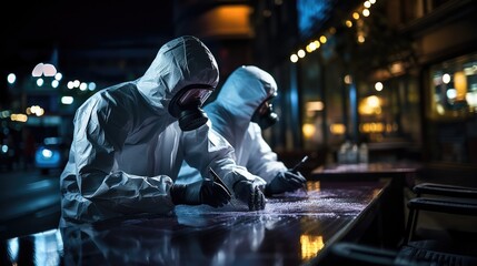 Crime Scene Being Investigated By Law Enforcement And Forensic Experts. Сoncept Crime Scene Investigation, Law Enforcement, Forensic Experts, Evidence Collection, Crime Scene Analysis - obrazy, fototapety, plakaty