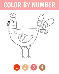 Color by number game for kids. Childish cute cock in simple scandinavian style. Farm coloring page. Printable worksheet with solution for school and preschool. Learning numbers activity.