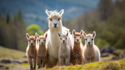 Female Llama With Her Babies. Сoncept Nature Landscapes, Adventure Sports, Romantic Couples, Product Photography, Food Styling