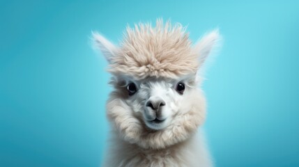 Funny Alpaca On A Blue Background. Сoncept Animal Selfies, Nature Landscapes, Creative Posing, Vibrant Colors