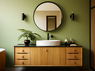 Green-toned ensuite bathroom with wall-mounted wooden vanity, black sink and pill-shaped mirrors. Modern and luxurious decoration.