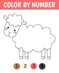 Color by number game for kids. Childish cute sheep. Farm coloring page. Printable worksheet with solution for school and preschool. Learning numbers activity.