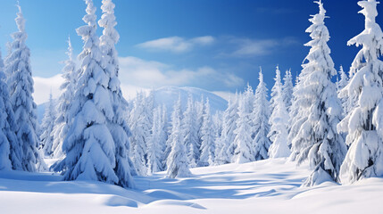 Pine forest in winter cowered with a thick white snow blanket 