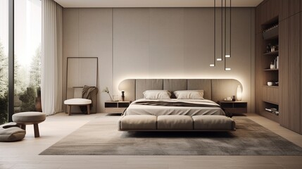 modern bedroom decor concept that emphasizes clean lines, neutral tones, and minimalistic furniture for timeless appeal