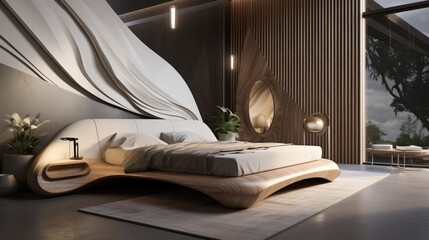 Fototapeta na wymiar modern bedroom decor concept that celebrates the beauty of asymmetry and irregular shapes for a unique aesthetic