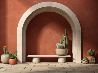 Architecture composition with arc, cactus plants, bench, orange dry wall and tile floor. 3d render illustration mockup.