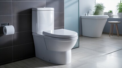 Fototapeta na wymiar New Ceramic Toilet Bowl In Modern Bathroom. Сoncept Bathroom Renovation Tips, Modern Bathroom Design, Ceramic Toilet Bowl, Bathroom Decor Ideas