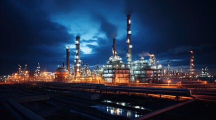 Fototapeta na wymiar Oil Refinery Industrial Plant Shines Under Night Sky. Сoncept Nighttime Industrial Landscape, Oil Refinery Illuminated, Urban Industrial Beauty