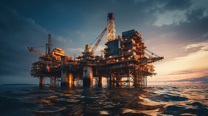 Oil Rig Stands Tall And Strong In The Open Ocean. Сoncept Oil Platform Technology, Offshore Drilling Operations, Deepwater Exploration, Impact Of Oil Rigs On Marine Ecosystems - obrazy, fototapety, plakaty