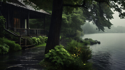 Fototapeta premium The lake house was enveloped in a dark and cloudy setting whilst rain fell down.