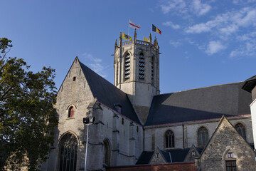 Exterior view of Our Ladys Catholic Church in Dendermonde, East Flanders, Belgium. The Gothic style...