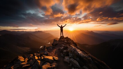 Silhouette Of Man Conquers Mountain At Sunset. Сoncept Adventure Photography, Nature's Triumph, Epic Sunsets, Powerful Silhouettes, Mountain Explorations - obrazy, fototapety, plakaty