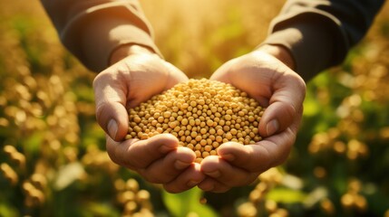 Soybean Grains Held In Hands With Soy Field In Background Serene Countryside Path. Сoncept Morning Sunrise Over The Mountains, Peaceful Waterfall In The Forest, Vibrant Flower Garden