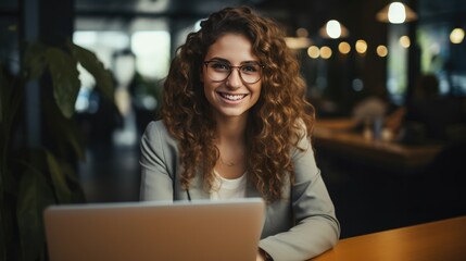 Smiling Woman Working With A Laptop In An Office. Сoncept Office Productivity, Work From Home, Modern Workplace, Business Technology