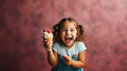 Strawberry Or Raspberry Ice Cream In Waffle Cone Over Blue Background Baby Girl Joyfully Eating Ice Cream On Vibrant Background