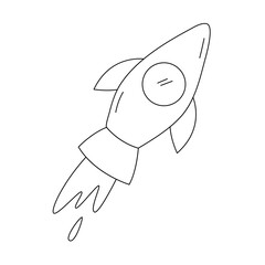 Concept of product development, project launching, startup, success. Monochrome flying spaceship, spacecraft, shuttle, moon rocket icon.