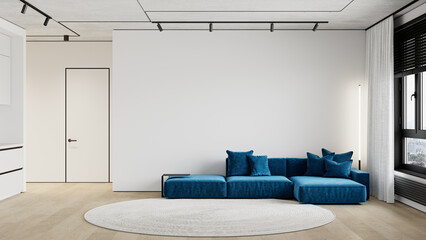 White minimalism style interior with blue sofa. 3d render illustration mockup.