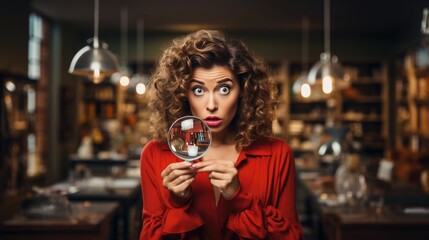 Woman Curious And Examining Things With Magnifying Glass. Сoncept Curiosity, Magnifying Glass, Examination, Observation, Discovering - obrazy, fototapety, plakaty