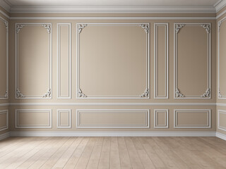 Classic beige empty interior with blank wall with white moldings and wood floor. 3d render illustration mockup.