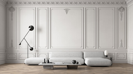 Classic white interior with moldings, sofa, wood floor and decor. 3d render illustration mockup.