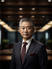 Corporate portrait of Japanese CEO with wood wall background