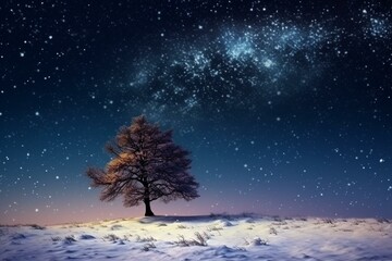 Christmas card with snow-covered panorama, starry night sky, and a festive tree. Generative AI