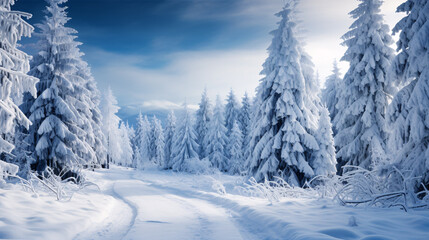 A snow-covered mountain forest road provides a captivating winter scenery.