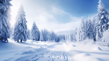 Fototapeta na wymiar A picturesque winter forest lined with a snowy road.