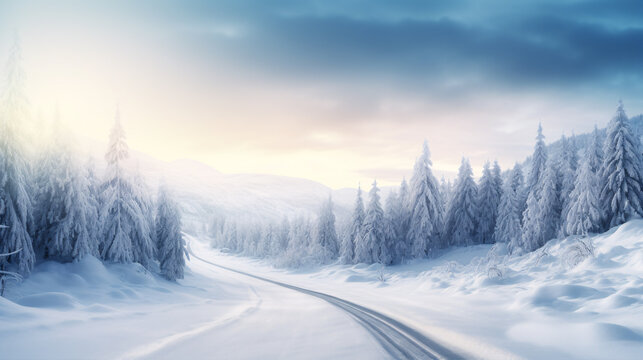 A peaceful, white blanketed forest-scaped highway in the chill of winter.