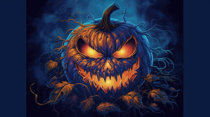 Illustration of a Halloween pumpkin in dark blue tones.