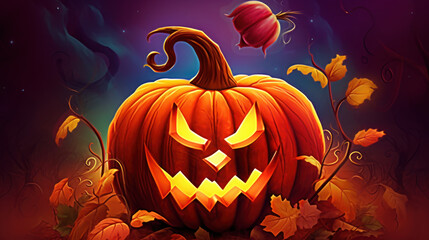 Illustration of a Halloween pumpkin in vivid maroon tones.