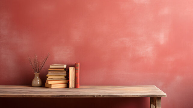 Limewashed red wall with wooden table surface and clutter