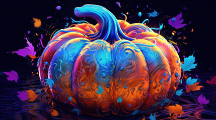 Illustration of a Halloween pumpkin in vivid blue tones.