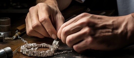 Jeweler craftsman repairing silver bracelet with hands With copyspace for text