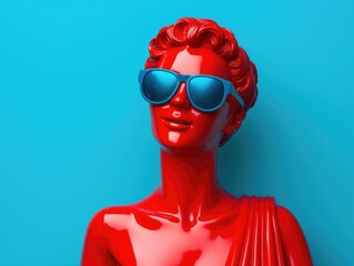 Ancient Greek woman bust, wear sunglasses, smiling, minimal concept trend