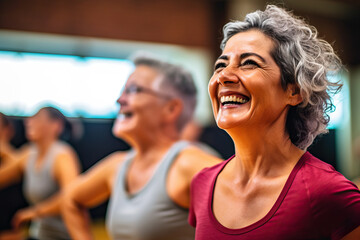 Image of a group of women over 50 years old doing a Zumba class at a sports center Concept of health and wellness. - obrazy, fototapety, plakaty